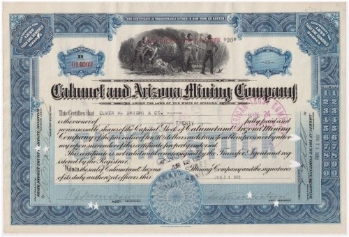 Calumet & Arizona Mining Company Blue Stock Certificate