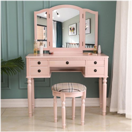 Tri-Fold Dressing Table Set with Mirror, Stool, and Drawers