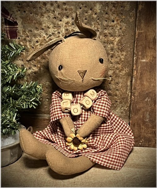 Heritage Hopper: Handcrafted Primitive Bunny Doll with Rustic Plaid Design