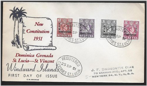 St. Lucia 1951 Constitution Set on First Day Cover (FDC) Registered to New York