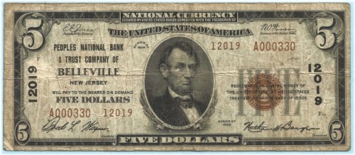 Peoples NB & TC $5 National Currency 1929-T2 Ch#12019 - Belleville, NJ - F+/VF