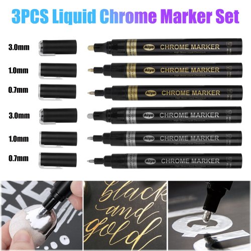 Chrome Pump Paint Markers Set - Silver and Gold Ink for Glass and Plastic - 3 Sizes (0.7mm, 1mm