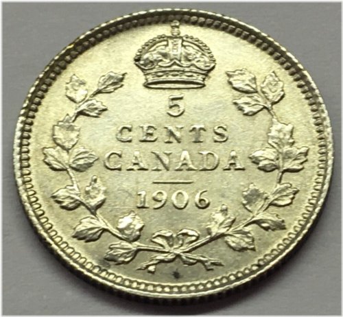 Canadian Silver Five Cents Coin from 1906