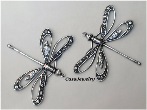 Dragonfly Duo with Open Wings and Sterling Silver Plating - Set of 2