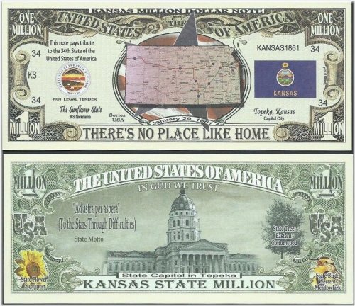 Kansas State Million Dollar Bills with Map, Seal, Flag, and Capitol Design