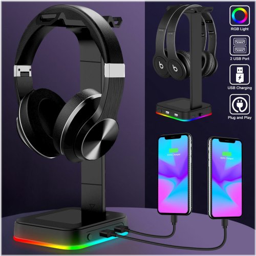 RGB Headset Desk Stand with USB Ports