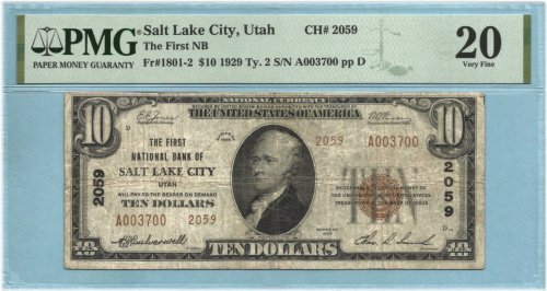 Salt Lake City Series 1929 $10 National Currency - PMG 20