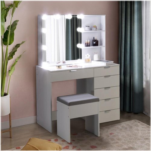 Radiance Bedroom Set: Illuminated Makeup Desk with Storage and Dressing Mirror