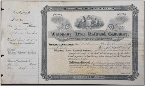 Whippany River Railroad Company Stock, 1896 Edition