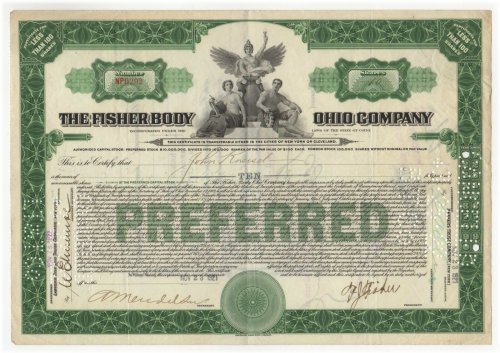 Fisher Body Ohio Co. Stock Certificate signed by Frederic John Fisher