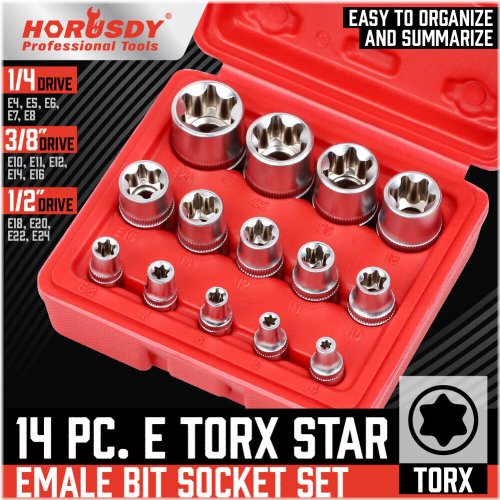 E-Torx Bit Socket Set with Multiple Drive Sizes and Case (14 Pieces)