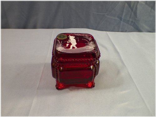 Victorian Ruby Red Glass Trinket Box "Boy Fishing