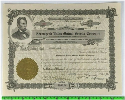 Arrowhead Villas California Stock Certificate - Abraham Lincoln
