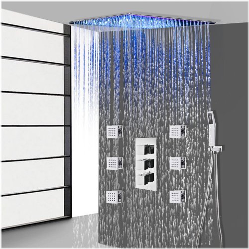 Rainfall LED Thermostatic Shower System with Body Jets