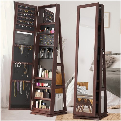 Mirrored Wood Jewelry Armoire with Swivel Shelves