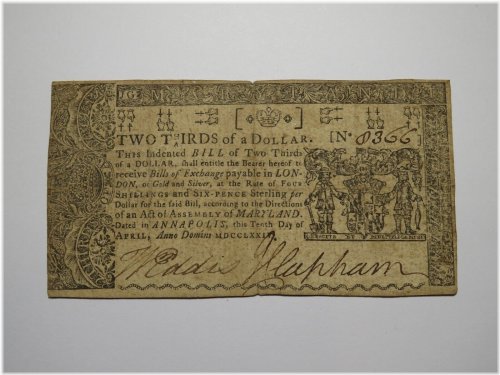 Maryland Colonial Currency - 1774 $2/3 Bank Note