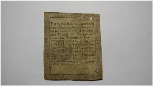 Pennsylvania Colonial Three Pence Bank Note (1777)