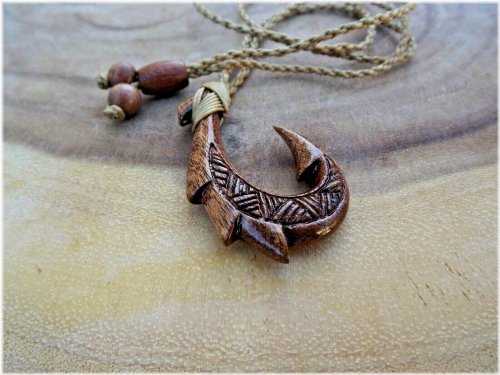 Koa Fish Hook Pendant Necklace