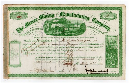 Mercer Mining & Manufacturing Co Stock Certificate - J. H. Devereux