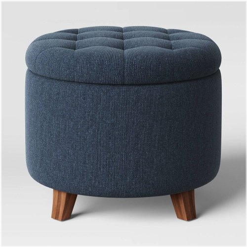 Heathered Blue Tufted Round Ottoman