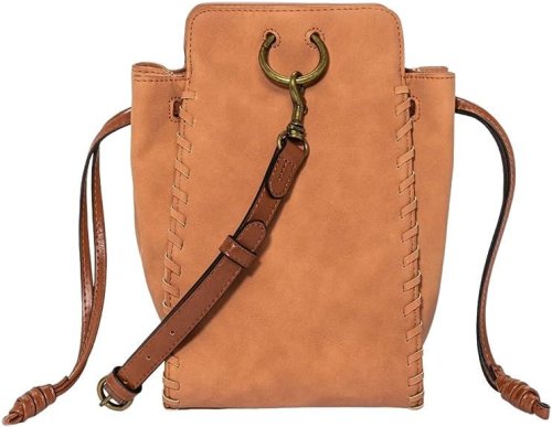 Cognac Brown Faux Suede Drawstring Crossbody Bag