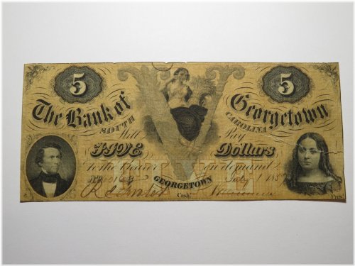 Georgetown South Carolina Bank of George $5 Obsolete Currency 1857