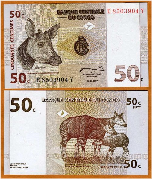 Okapi Yellow Spots 50 Centimes Note