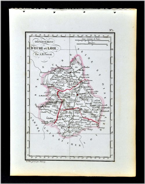 1841 Perrot France Map Departement D' Eure et Loir Chartres Chateaudun Antique