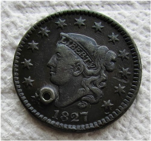 1827 Coronet Head Large Cent - Early Date with VF/XF Detail and Holed