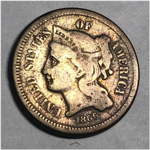 Toned 1866 Three Cent Nickel - VG-Fine Grade