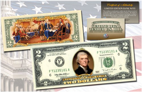 Colorized $2 U.S. Bill - Genuine Legal Tender Currency