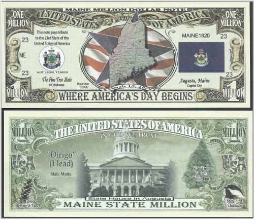 Maine State Million Dollar Bills with Map, Seal, Flag, and Capitol Design - Lot of 100