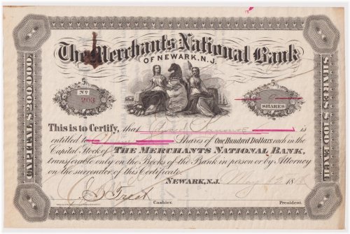 Newark Bank Stock Certificate, 1886