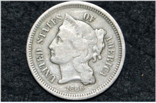 1866 Choice VF Three Cent Nickel