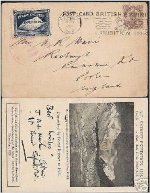 Everest Expedition Postcard with British Stamp Cancel