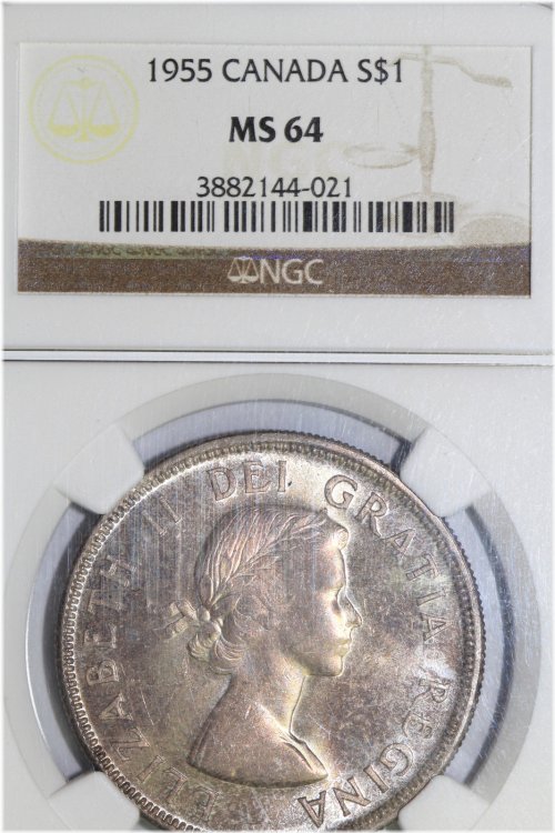 1955 Canada $1 Silver Dollar - Rainbow Toned MS64