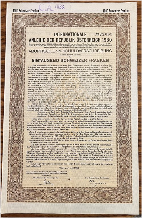 Austrian International Loan Bond with 38 Coupons