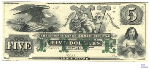 New England Commercial Bank $5 Note from Newport, Rhode Island