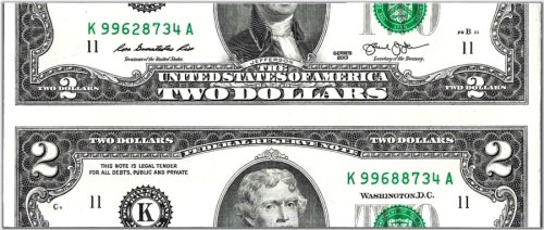 2013 $2 Federal Reserve Note with Miscut Error and Different Serial Numbers