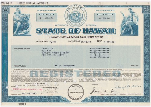 Hawaii Airport Systems Bond Certificate, 1983