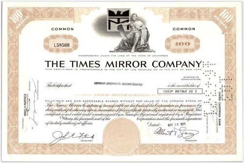 Times Mirror Company 1971 Stock Certificate - Media Archives