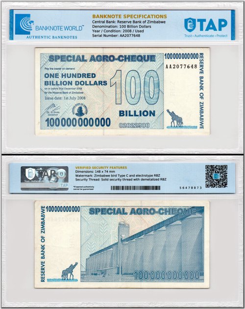 Zimbabwe Agro Cheque - 100 Billion Dollars, 2008, P-64 (Used)