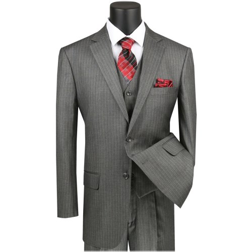 Gray Pinstripe 3-Piece Classic Fit Suit by VINCI Men's