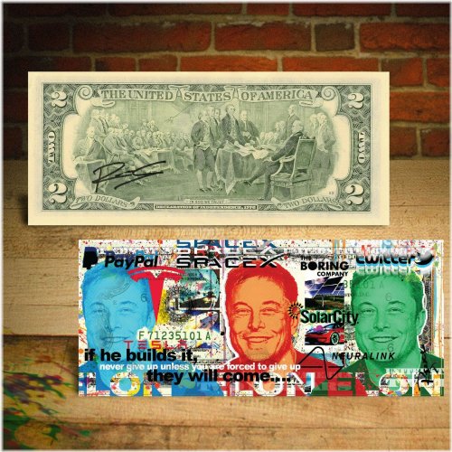 Genuine Signed $2 Bill with Elon Musk Pop Art Design by Rency