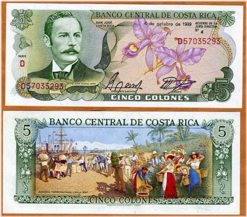 Vibrant 5 Colones Costa Rican Paper Currency from 1989