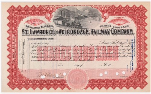 Adirondack Railway Company Stock Certificate