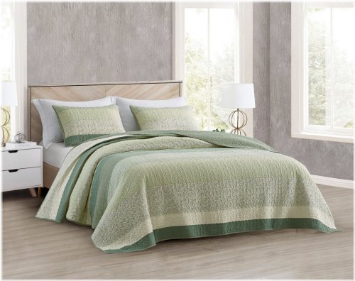 Sage Green Floral Stripe Patchwork Cotton Quilt Bedspread Set