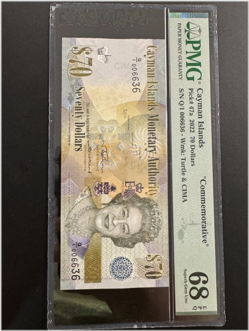Cayman Islands 70 Dollars Banknote 2022 (2023) PMG 68 UNC P47A Commemorative