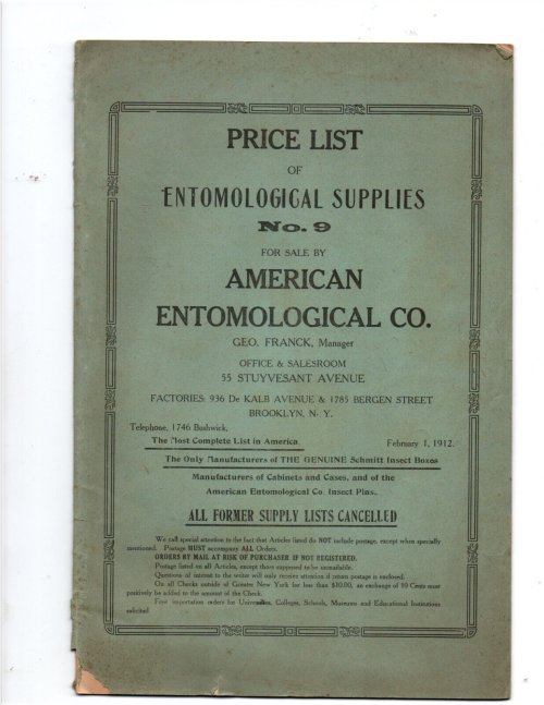 Insecta Antiqua Catalogue - 1912 Entomological Supplies and Illustrations