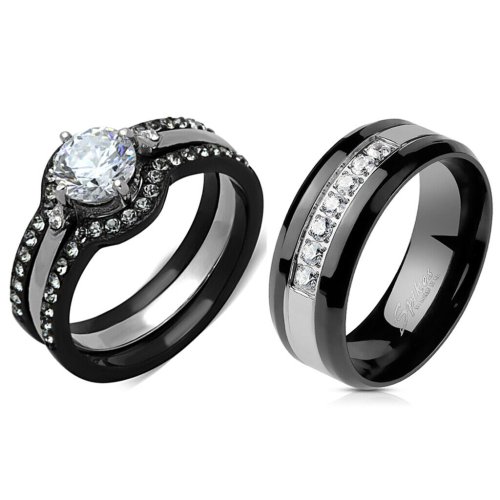 Black Stainless Steel CZ Wedding Ring Set